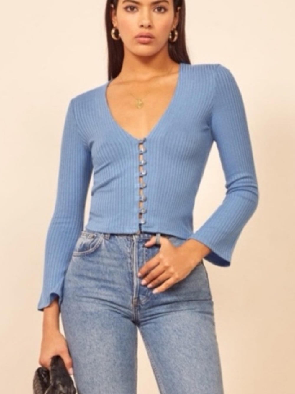 Reformation Cornflower Blue Ribbed V-Neck Top - Picture 4 of 6